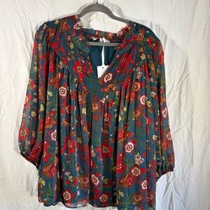 Rose & Olive Red and Teal Floral Blouse